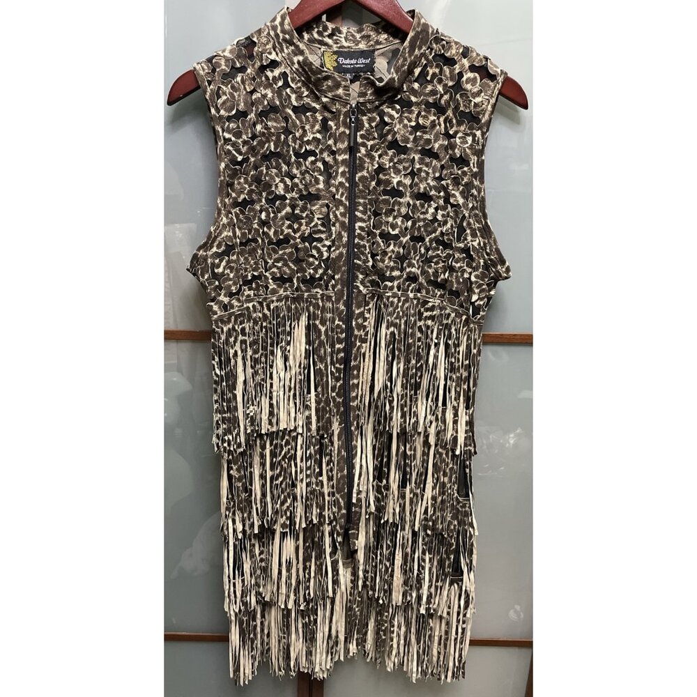 Dakota West Lamb Leather Brown Sheer Mesh Fringe Duster Jacket Vest Dress Sz XL